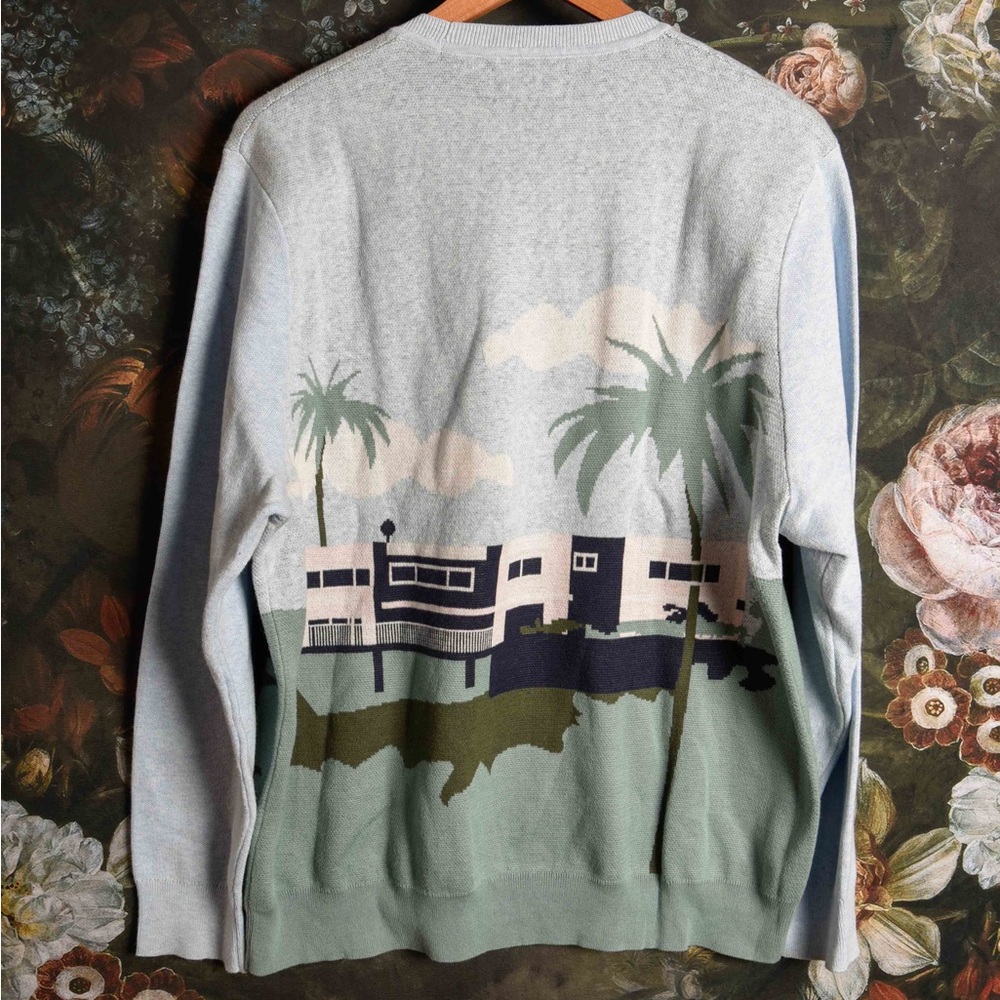 Bonobos instarsia sweater with poolside scene, size men's XL - Picture 4 of 7